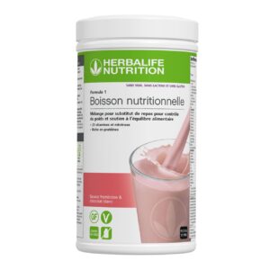 Boîte Herbalife Formula 1 Framboise Chocolat Blanc, substitut de repas équilibré riche en protéines et nutriments essentiels.