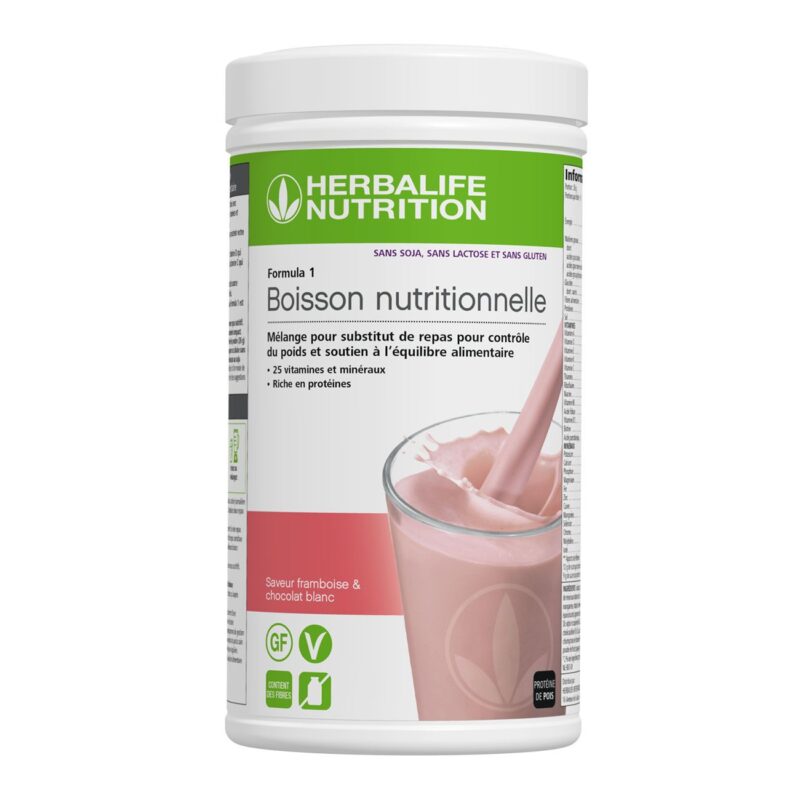 Boîte Herbalife Formula 1 Framboise Chocolat Blanc, substitut de repas équilibré riche en protéines et nutriments essentiels.